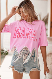 Pink MAMA Embroidered Graphic Sequin Tassel Hem T Shirt -