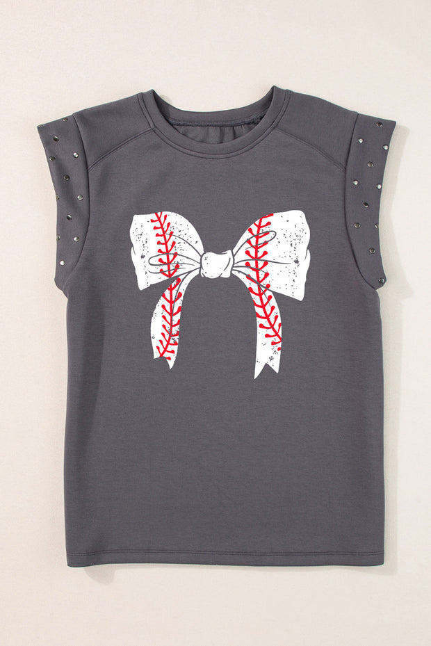 a t - shirt with a baseball and a bow on it