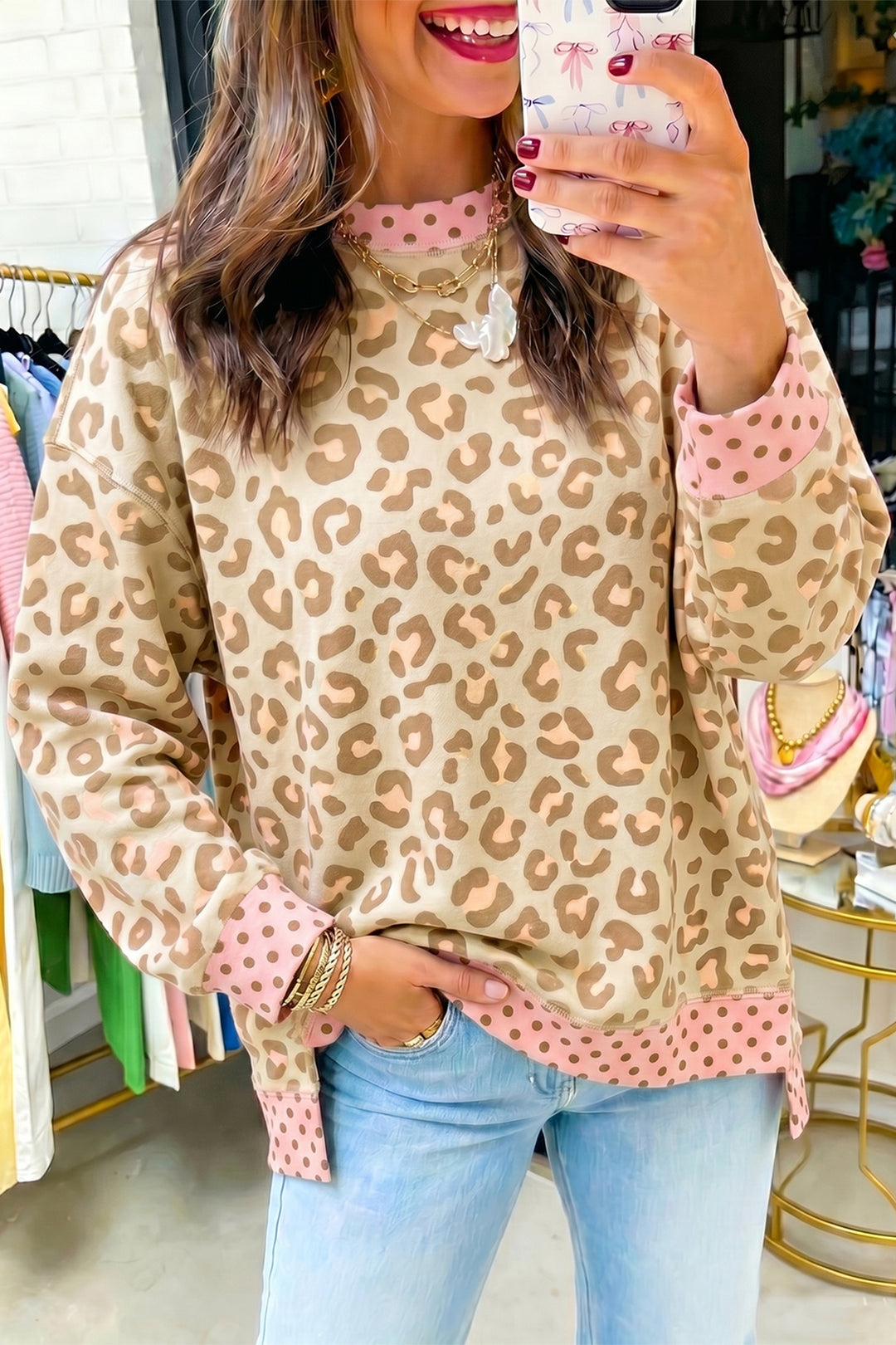 Leopard Polka Dot Color block Trim Long Sleeve Top