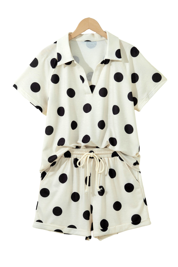 Polka Dot Print V Neck Tee Short Set