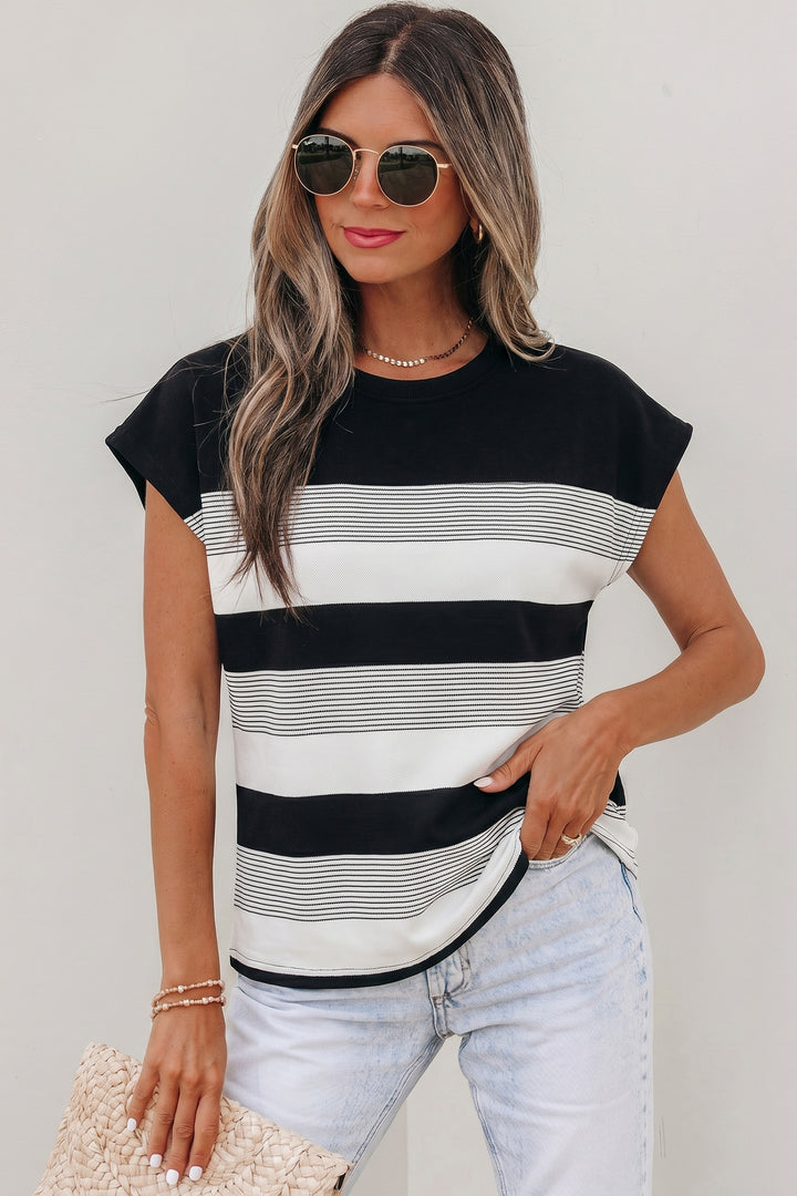 Stripe Mixed Print Crew Neck Cap Sleeve T Shirt