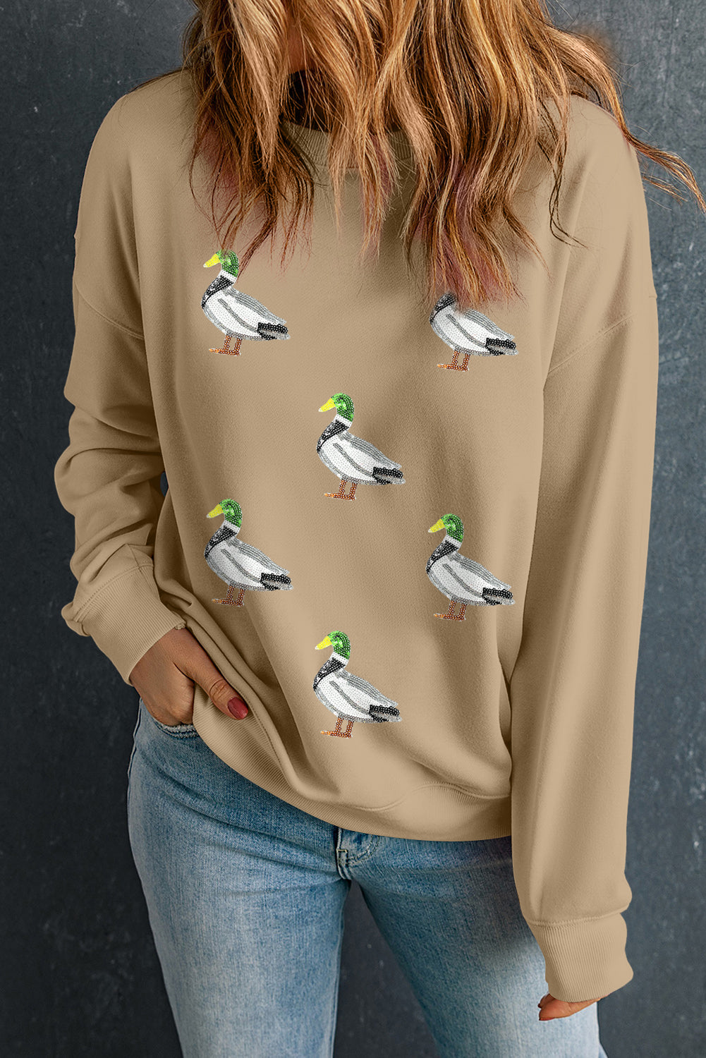Khaki Sequin Mallard Duck Graphic Sequins Patch Baggy Sweatshirt