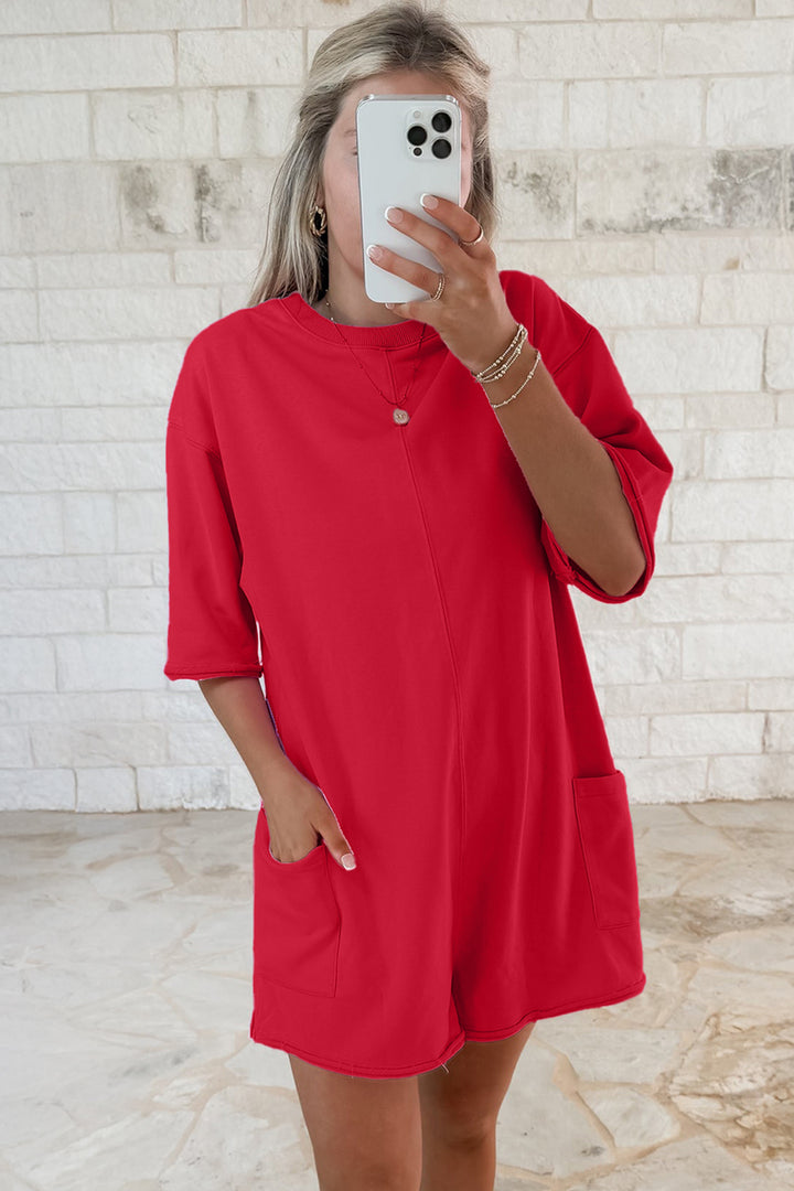 Solid Color Raw Edge Half Sleeve Pocketed Loose Romper
