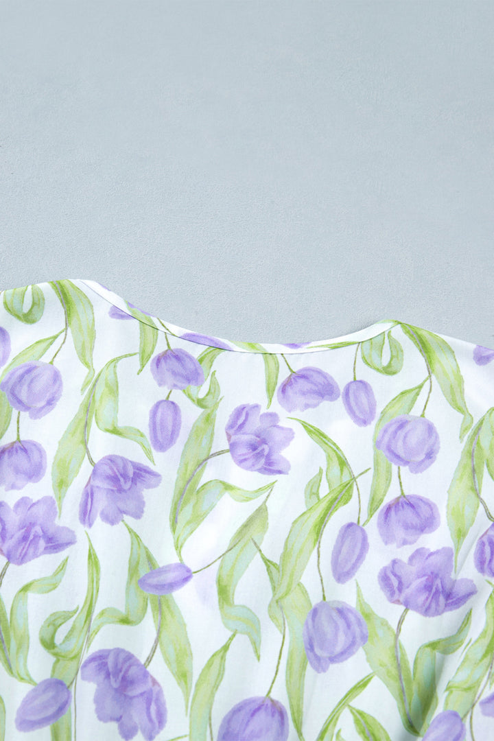 Purple Tulip Floral Print Contrast Trim Midi Dress