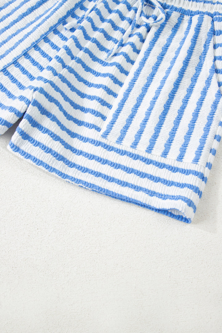 Stripe Knitted Short Sleeve Top and Drawstring Shorts Set