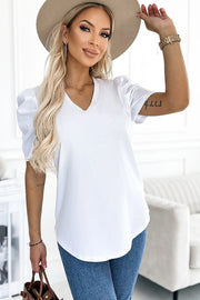 Puff Sleeve V-Neck T-Shirt - White / 2XL / 95%Cotton+5%Elastane