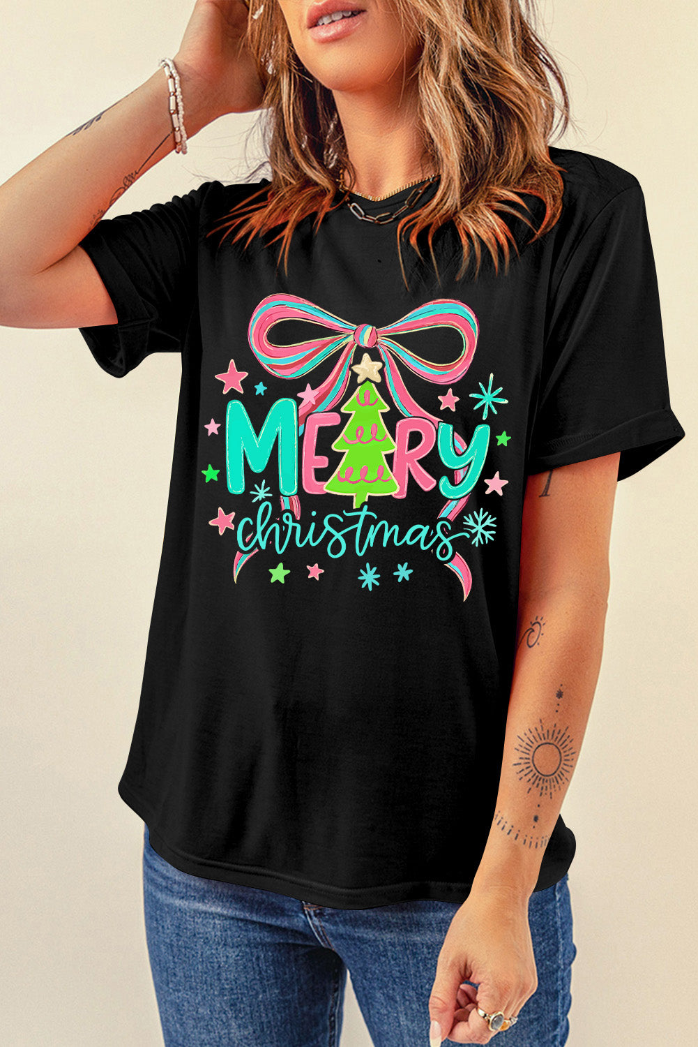 Black MERRY Christmas Vibrant Bow Heat Transfer Printing T Shirt