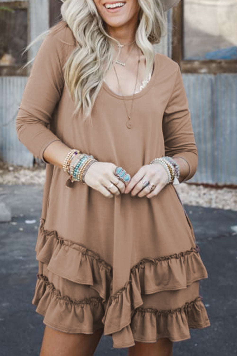 Goat Scoop Neck Tiered Ruffled Hem Long Sleeve Mini Dress Goat / L / 80%Polyester+20%Cotton