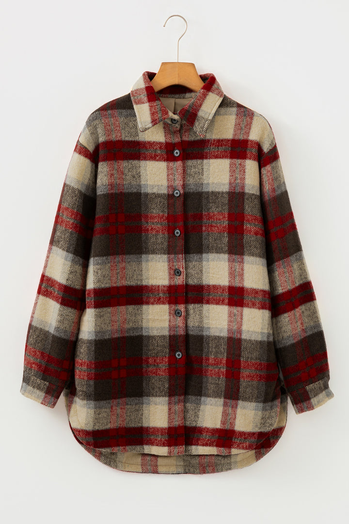 Red Brushed Plaid Buttoned Front Side Slit Tunic Shacket
