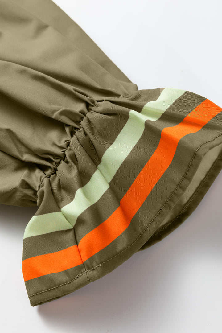 Four Leaf Clover Striped Trim Ruffle Split Neck Long Sleeve Blouse