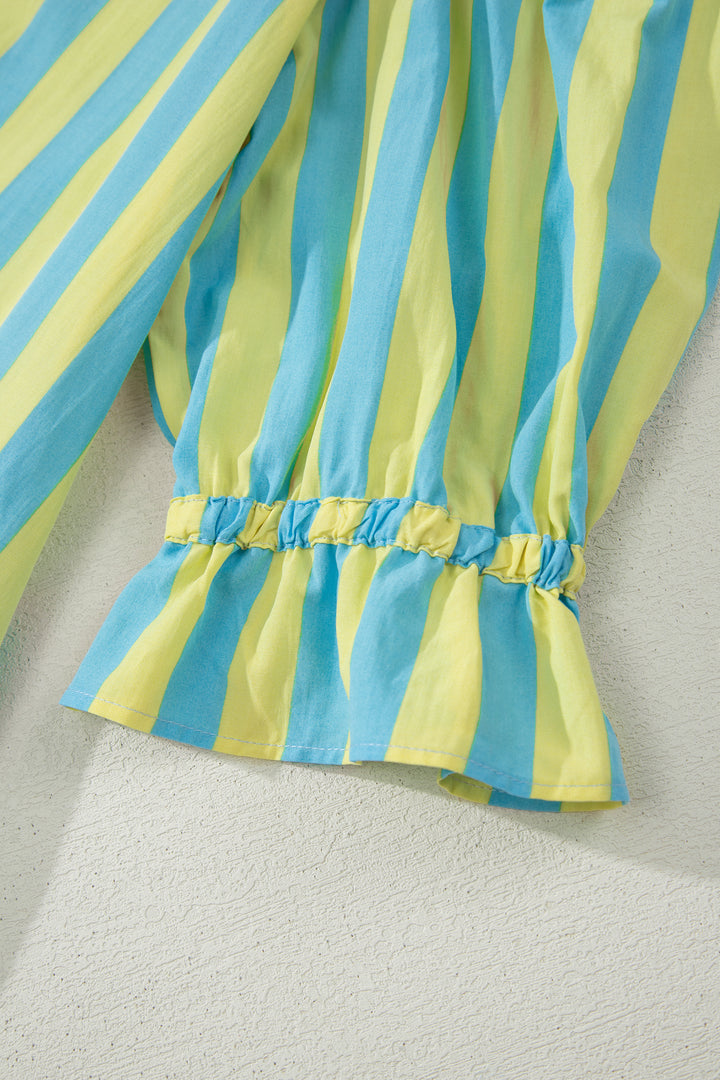 Stripe Half Button Puff Sleeve Loose Mini Dress