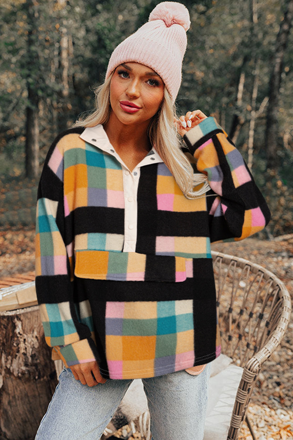 Plaid Print Pocketed Half Button Collared Sweatshirt