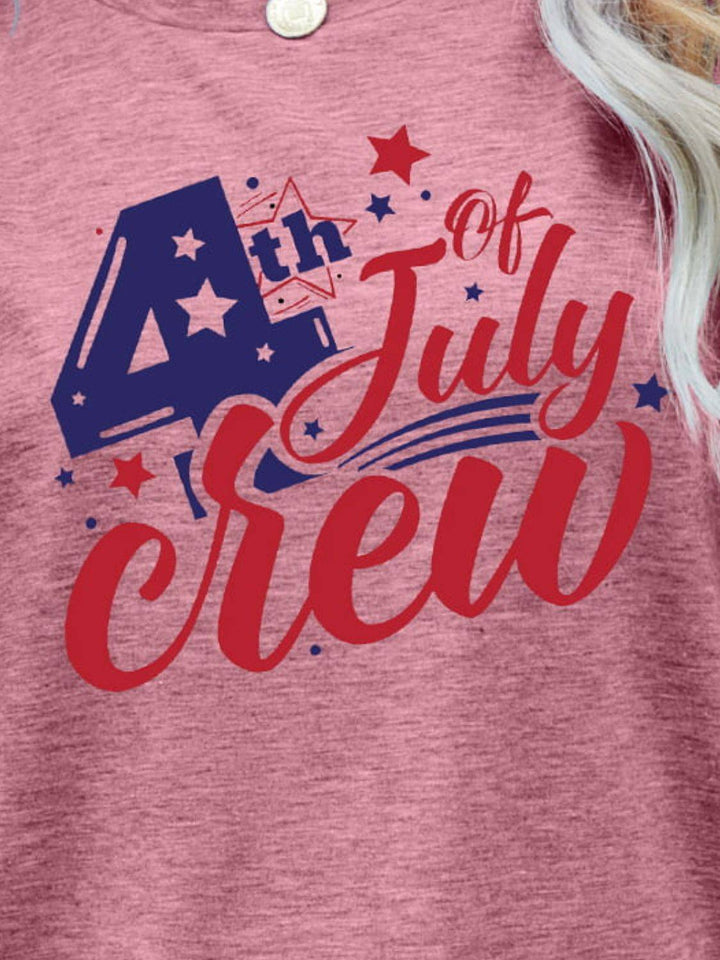 a woman wearing a pink shirt that says 4th of july crew
