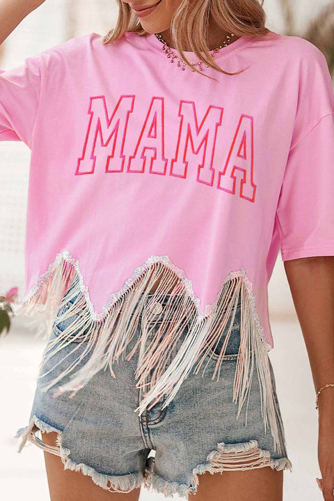 Pink MAMA Embroidered Graphic Sequin Tassel Hem T Shirt - Pink / S