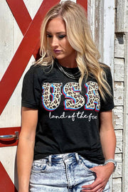 Black Leopard USA land of the free Slogan Graphic T Shirt -
