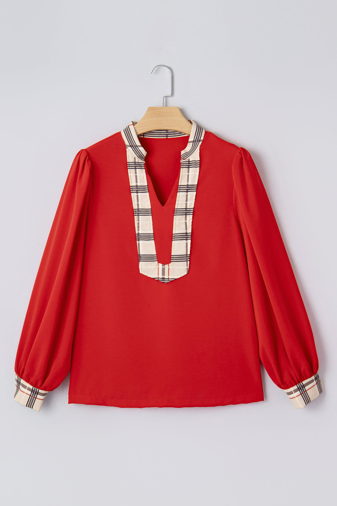Racing Red Contrast Plaid Patchwork V Neck Long Sleeve Blouse