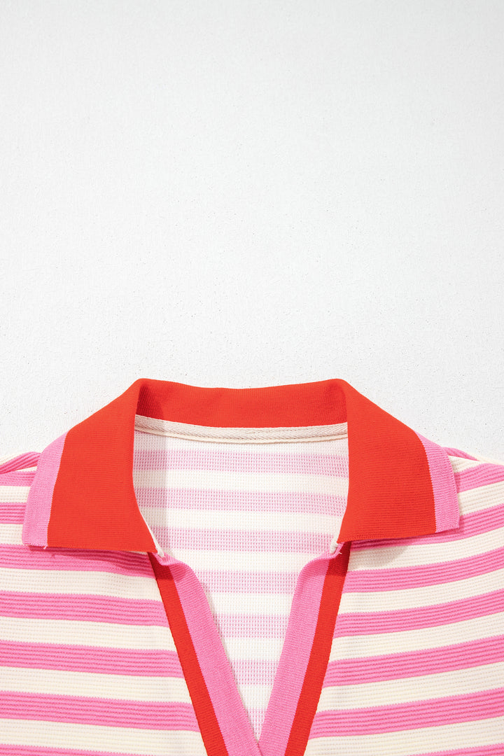 Stripe Contrast Trim Polo Collar Ruffled Short Sleeve Blouse