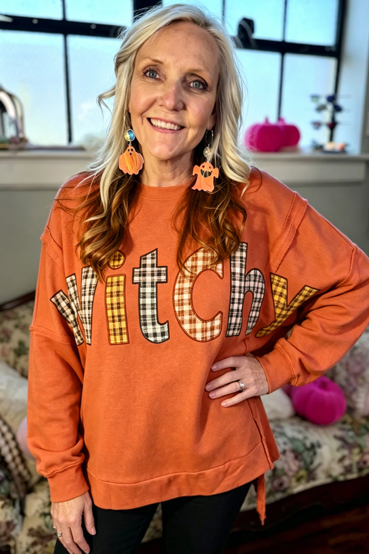 Halloween Witchy Plaid Slogan Embroidered Patch Tunic Sweatshirt