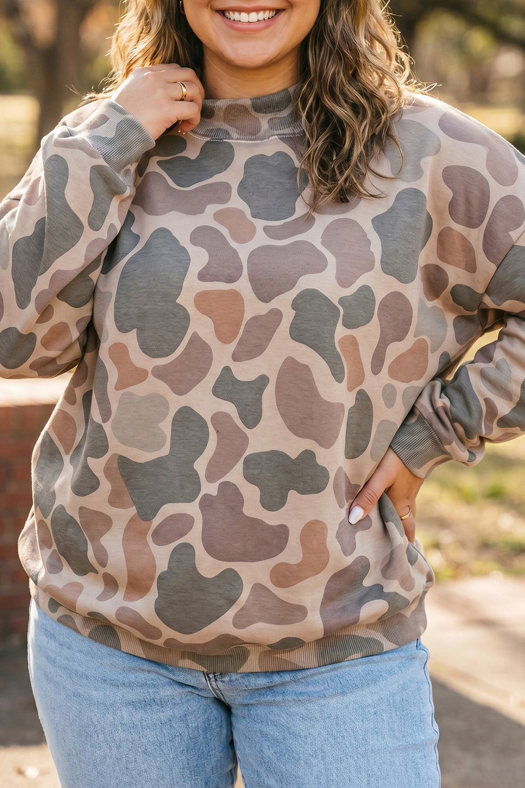 Multicolour Camo Print Ribbed Mock Neck Plus Size Sweatshirt
