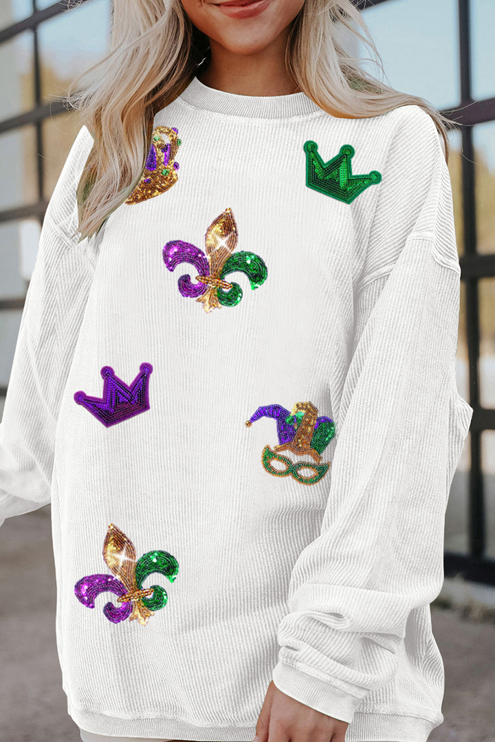 White  Mardi Gras Symbol Crown Mask Patched Corded Sweatshirt