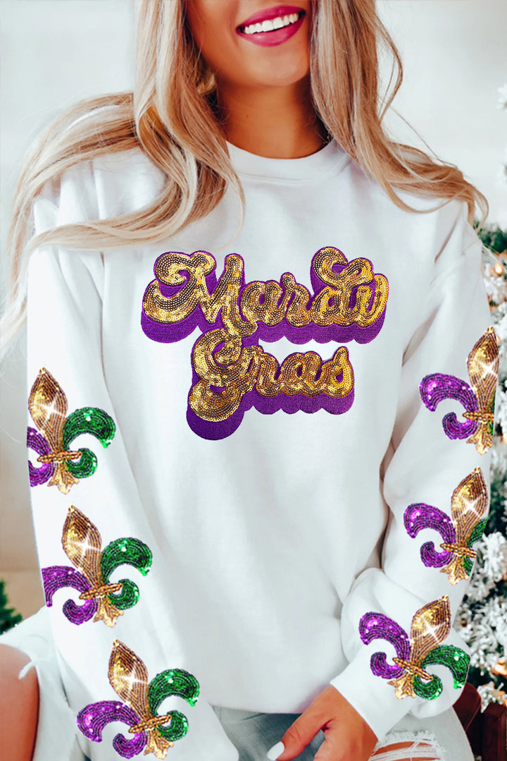 Beige Mardi Gras Patched Pattern Fleur de Lis Sleeve Sweatshirt