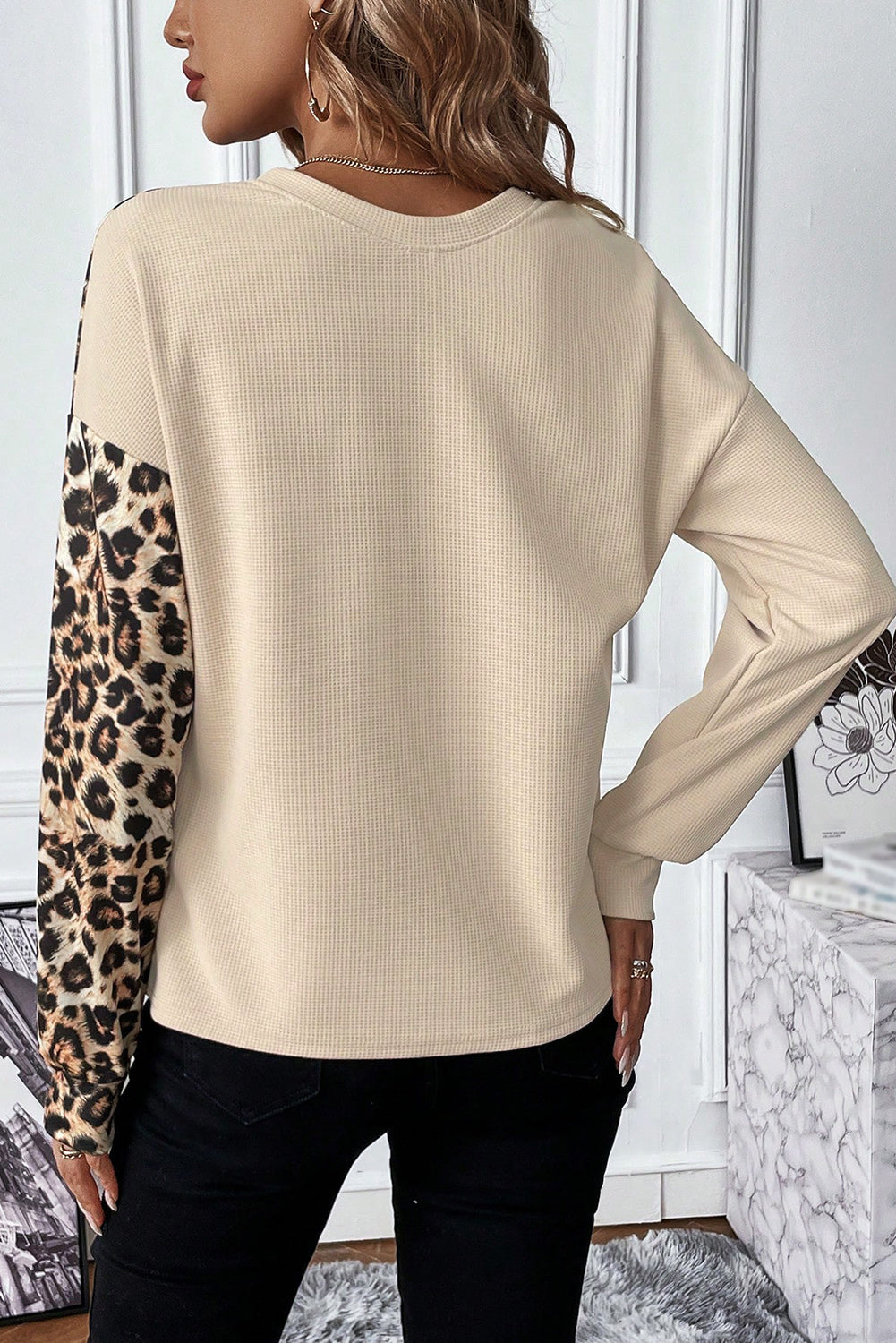Leopard Color block Waffle Knit Top