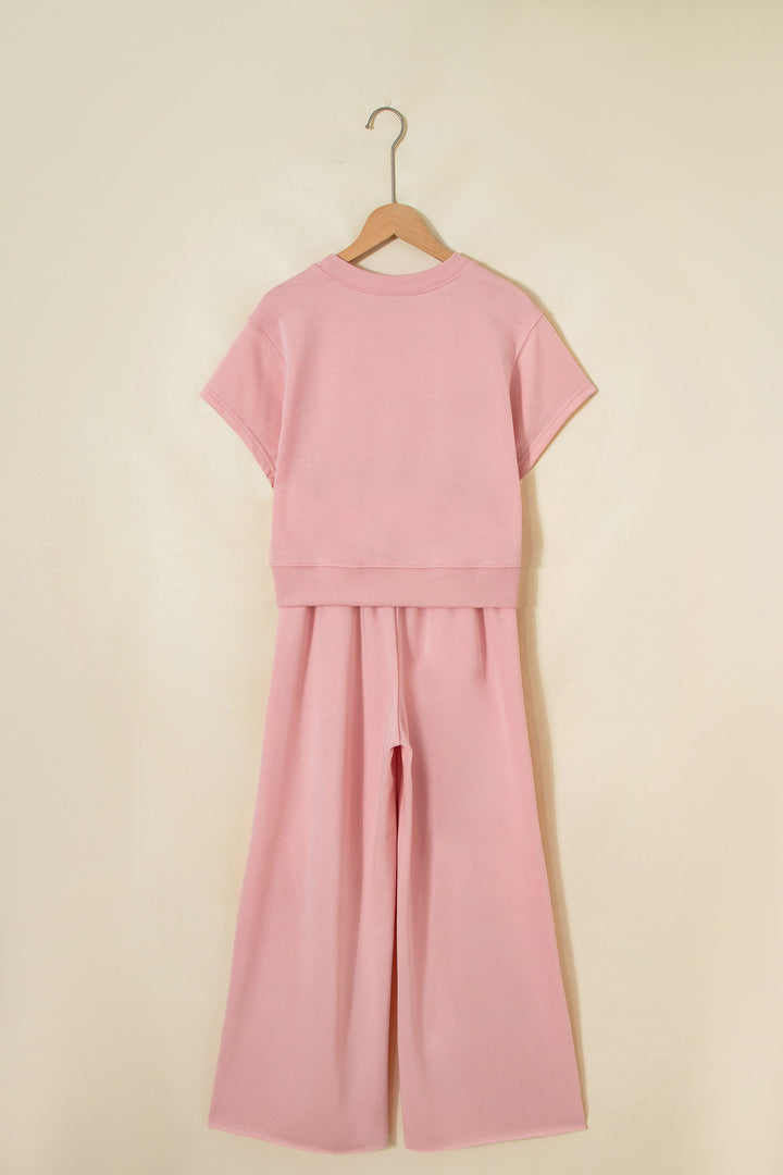 Solid Color Loose Tee Drawstring Wide Leg Pants 2pcs Outfit