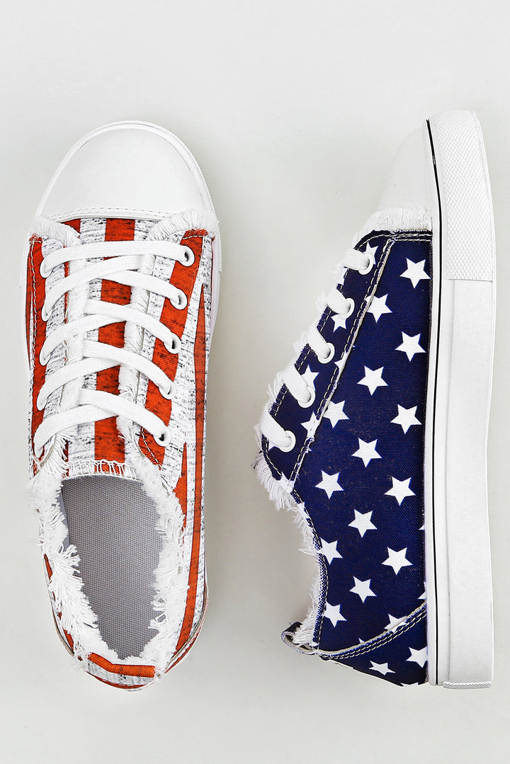 a pair of red, white and blue sneakers