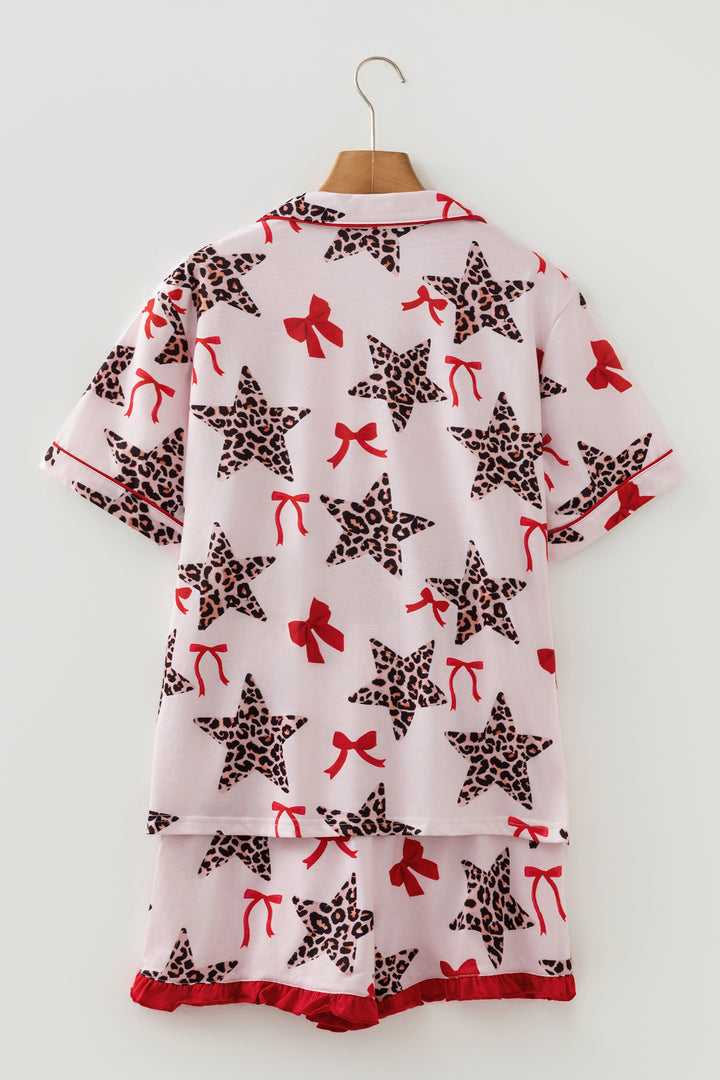 White Leopard Star Ribbon Bow Print Contrast Trim Short Pajama Set