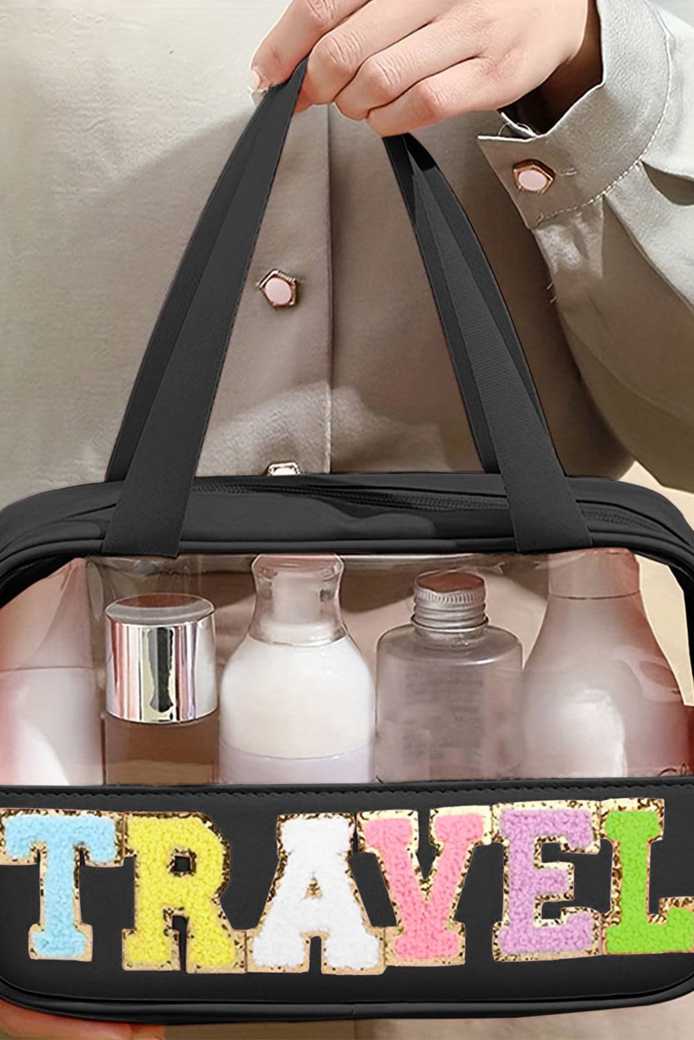 a person holding a travel bag with bottles in it