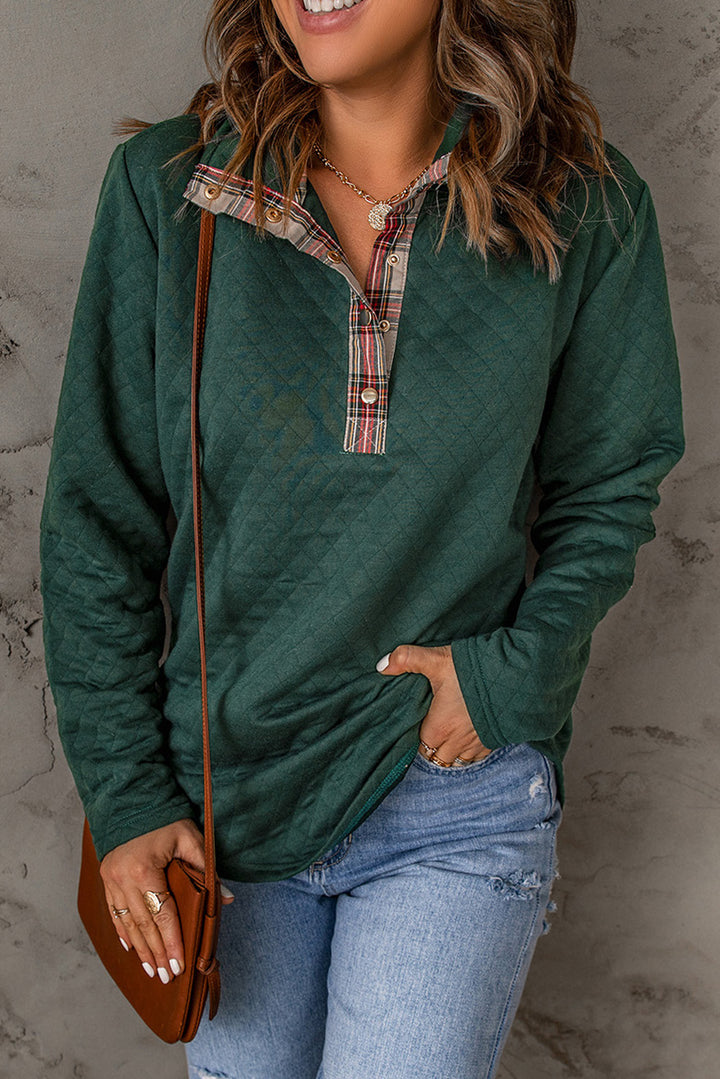 Geometric Texture Plaid Trim Sweatshirt