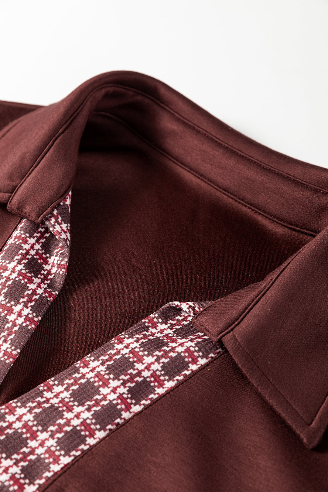 Coffee Contrast Plaid Trim Patchwork Collared Plus Size Shift Mini Dress