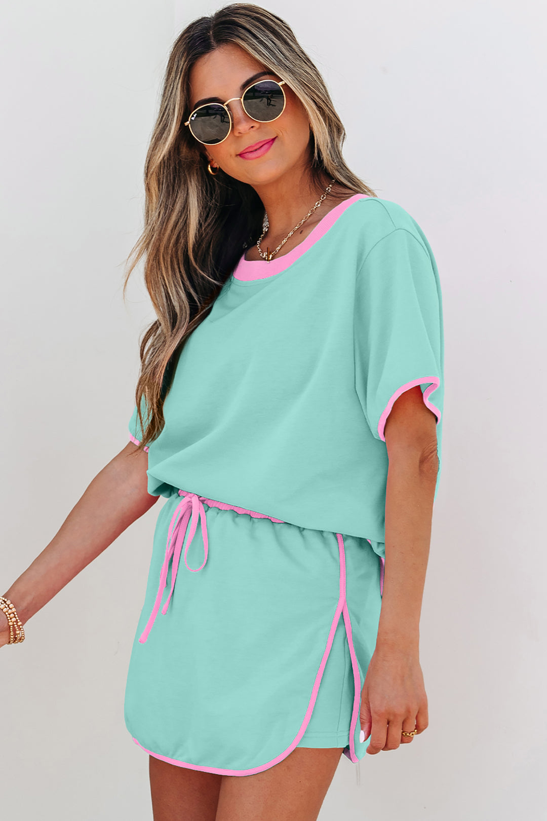 Colorblock Edge Drop Shoulder T Shirt and Skort 2Pcs Set