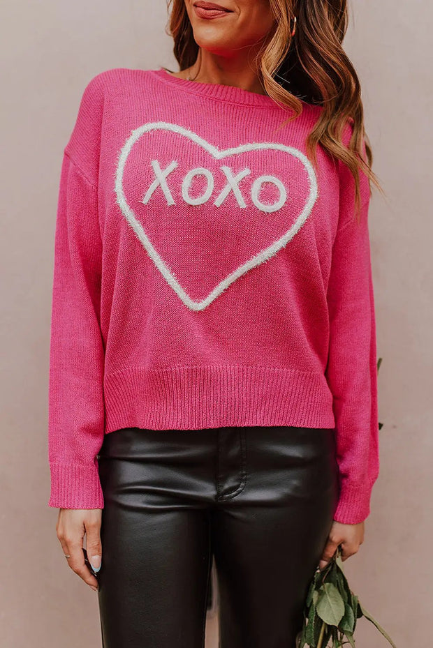 White Heart XOXO Pattern Casual Knitted Sweater - Rose / L