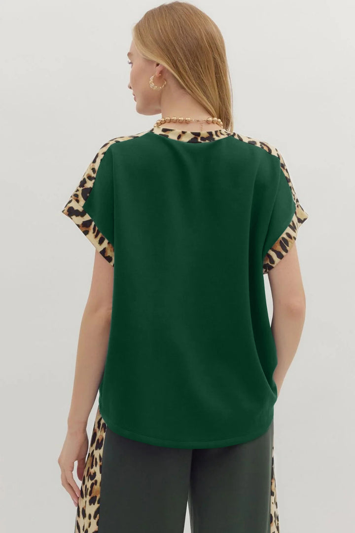 Green Leopard Trim Round Neck Loose T Shirt