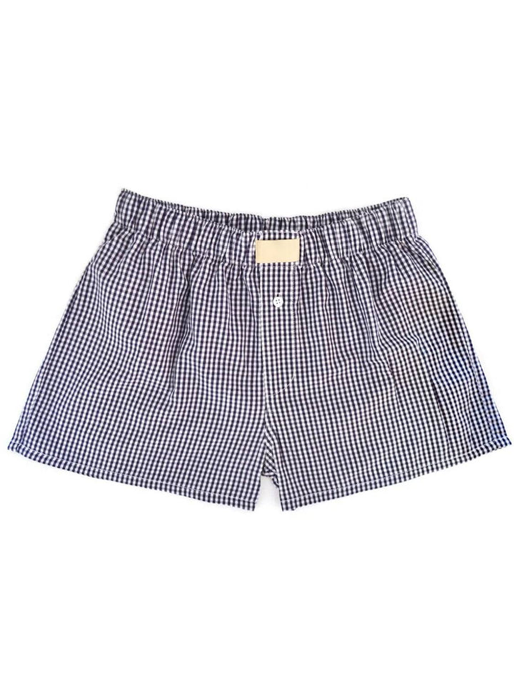 a boy's blue and white checkered boxers