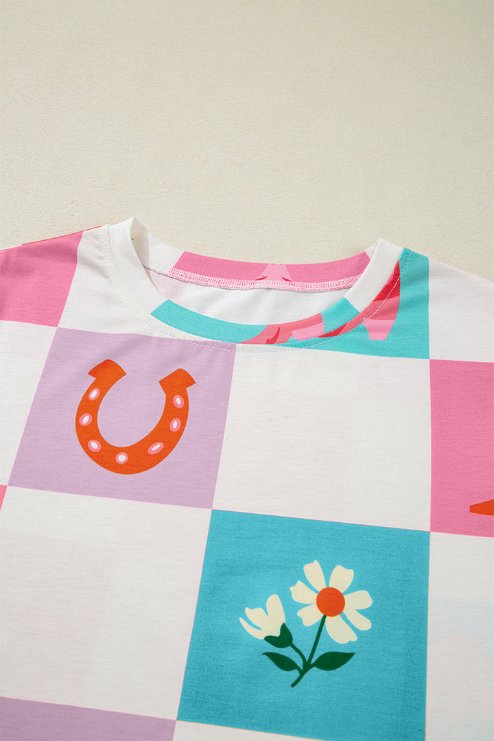 Western Fashion Checker Print Crewneck T Shirt