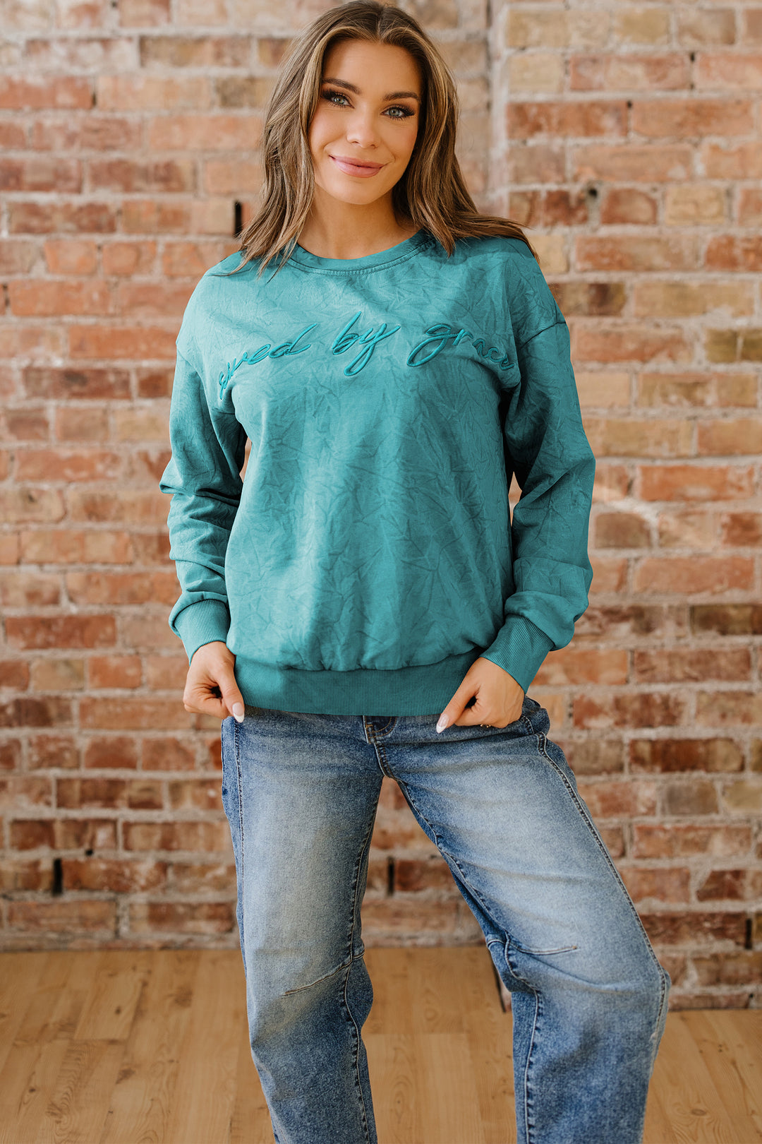saved by grace Letter Embroidery Mineral Wash Loose Sweatshirt