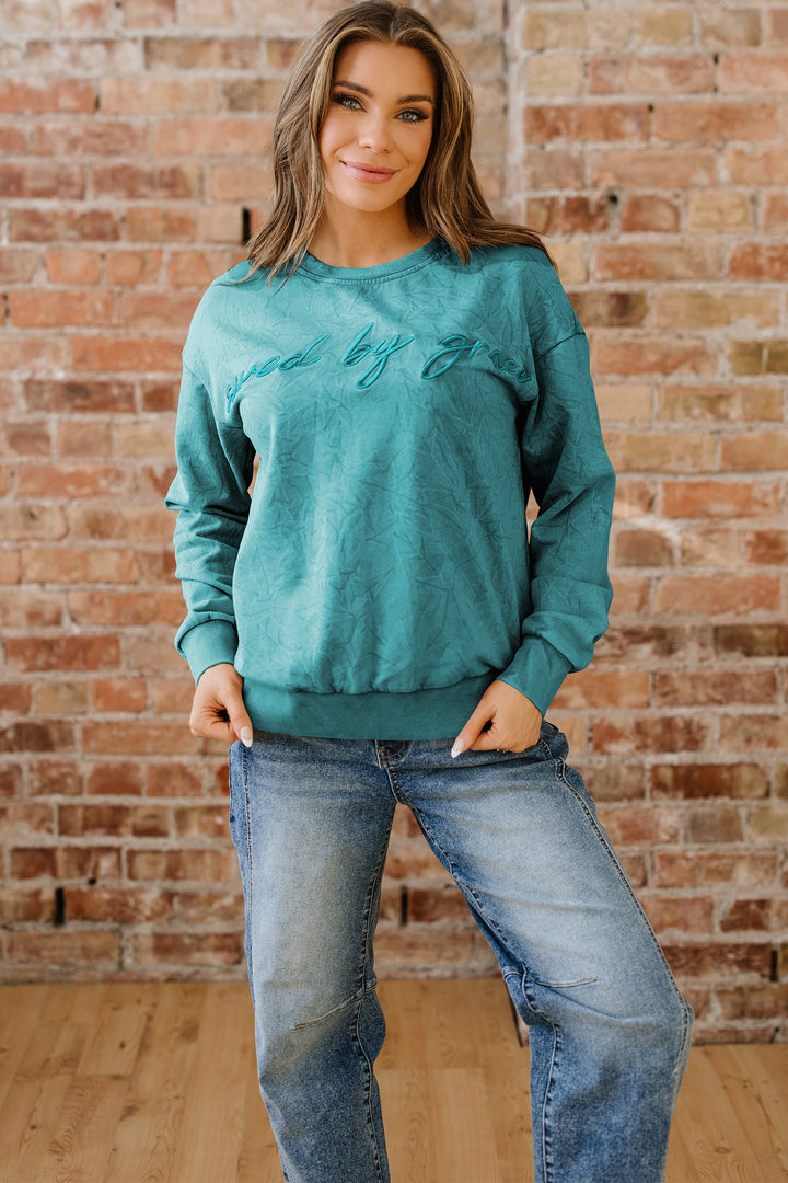 saved by grace Letter Embroidery Mineral Wash Loose Sweatshirt