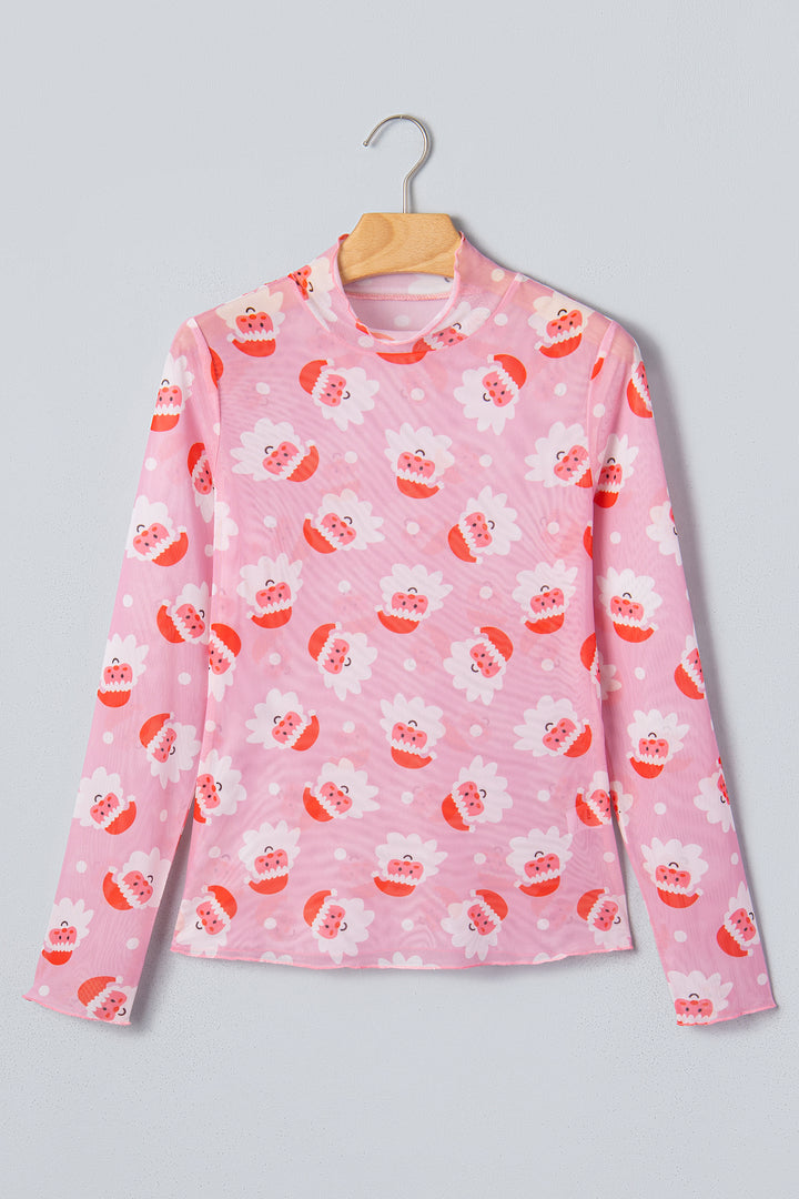 Pink Abstract Santa Print Stand Neck Sheath Long Sleeve Top