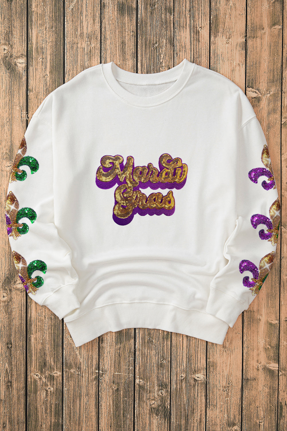 Beige Mardi Gras Patched Pattern Fleur de Lis Sleeve Sweatshirt