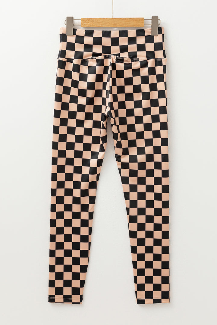 Khaki Checkered Pattern High Waist Skinny Leggings