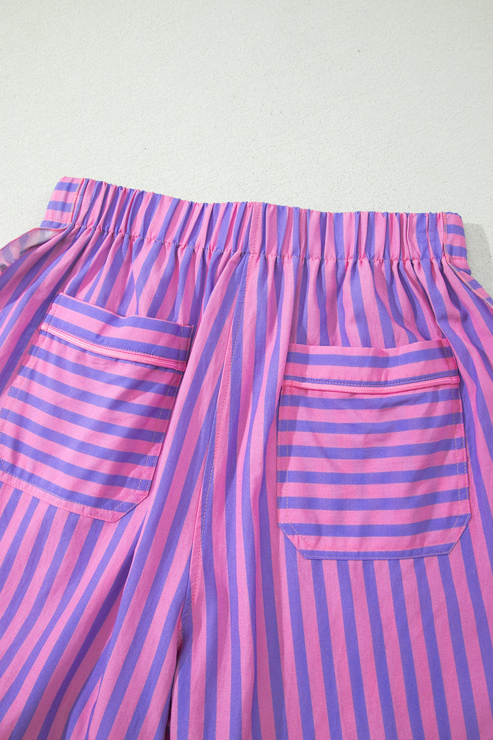 Stripe Elastic Waist Ruffle Trim Casual Shorts