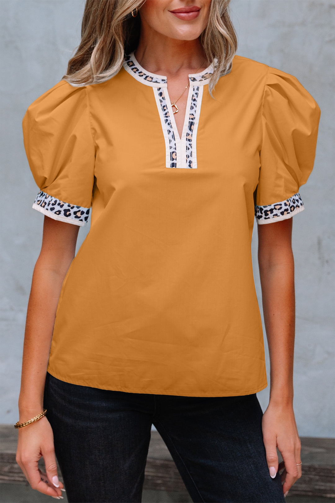 Leopard Trim Split Neck Puff Sleeve Blouse