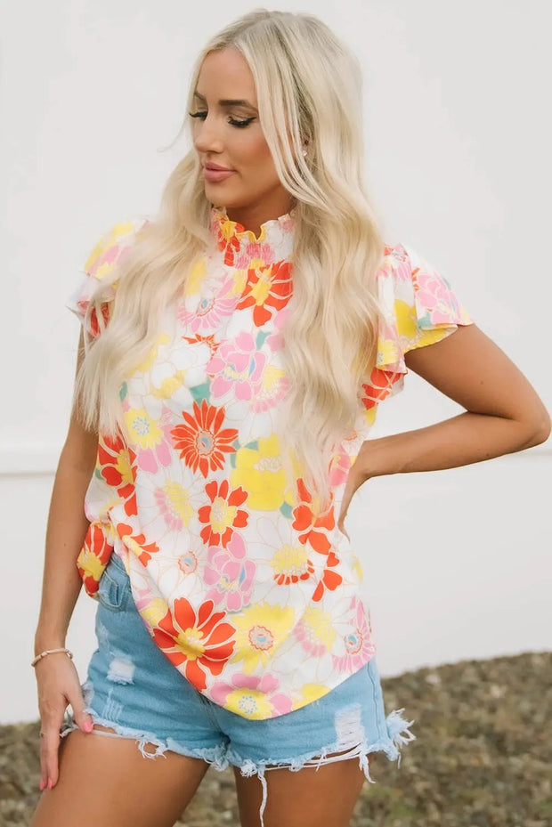 Multicolor Stand Collar Flutter Sleeves Floral Top -
