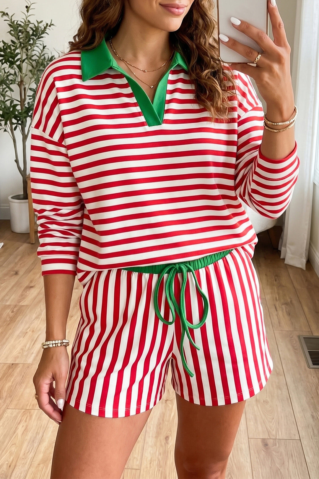 Red Stripe Colorblock Trim Polo Collar Drawstring Elastic Waist Band Casual 2pcs Outfit