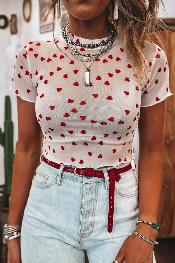 Red Allover Heart Print Mesh Short Sleeve Top