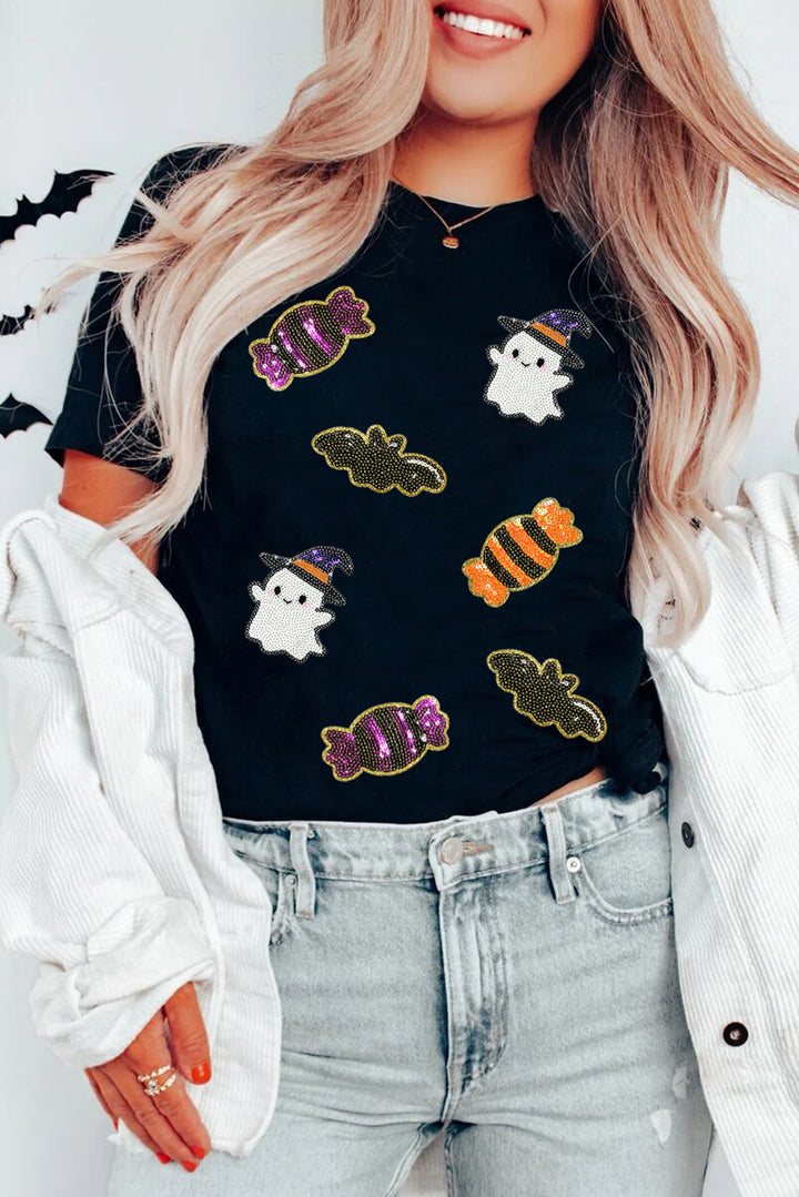 Sequined Halloween Spirit Pattern Patched Custom Casual Tee