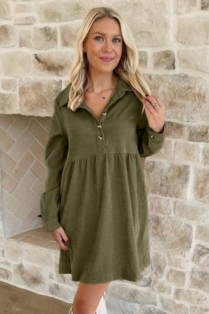 Corduroy Half Button Collared Long Sleeve Mini Dress