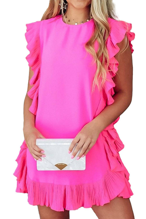 Bright Pink Ruffle Trim Short Sleeve Mini Dress -